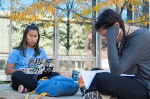 Aleesha bun, a biochemistry major, and Mia Salem, an engineering major, study for a calculus exam outside Morgan Library. Freshman year has taken full swing for them, as they tackle the stress head on. Photo credit: Olive Ancell