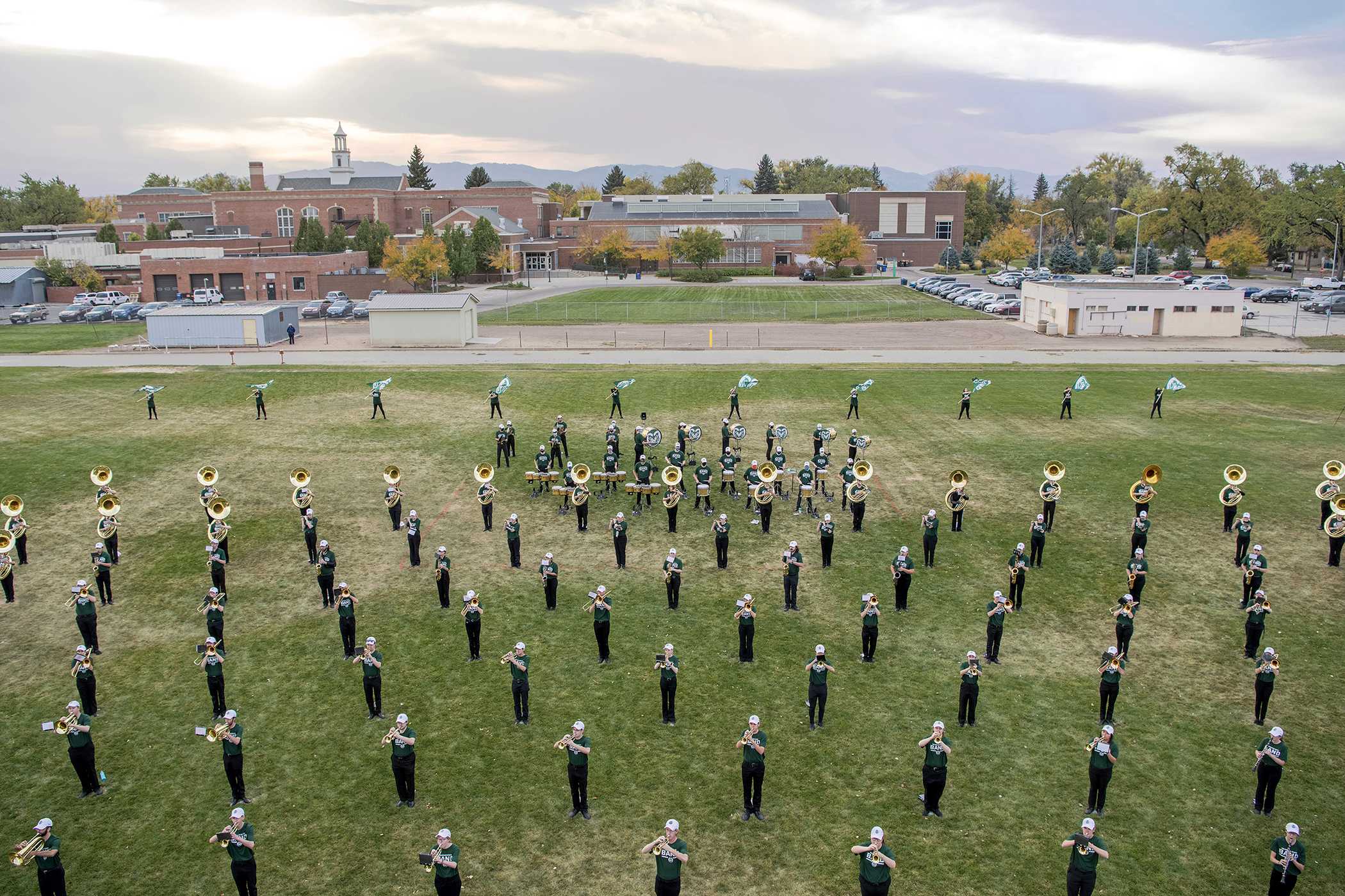 CSU marching band rehearsing with social distancing