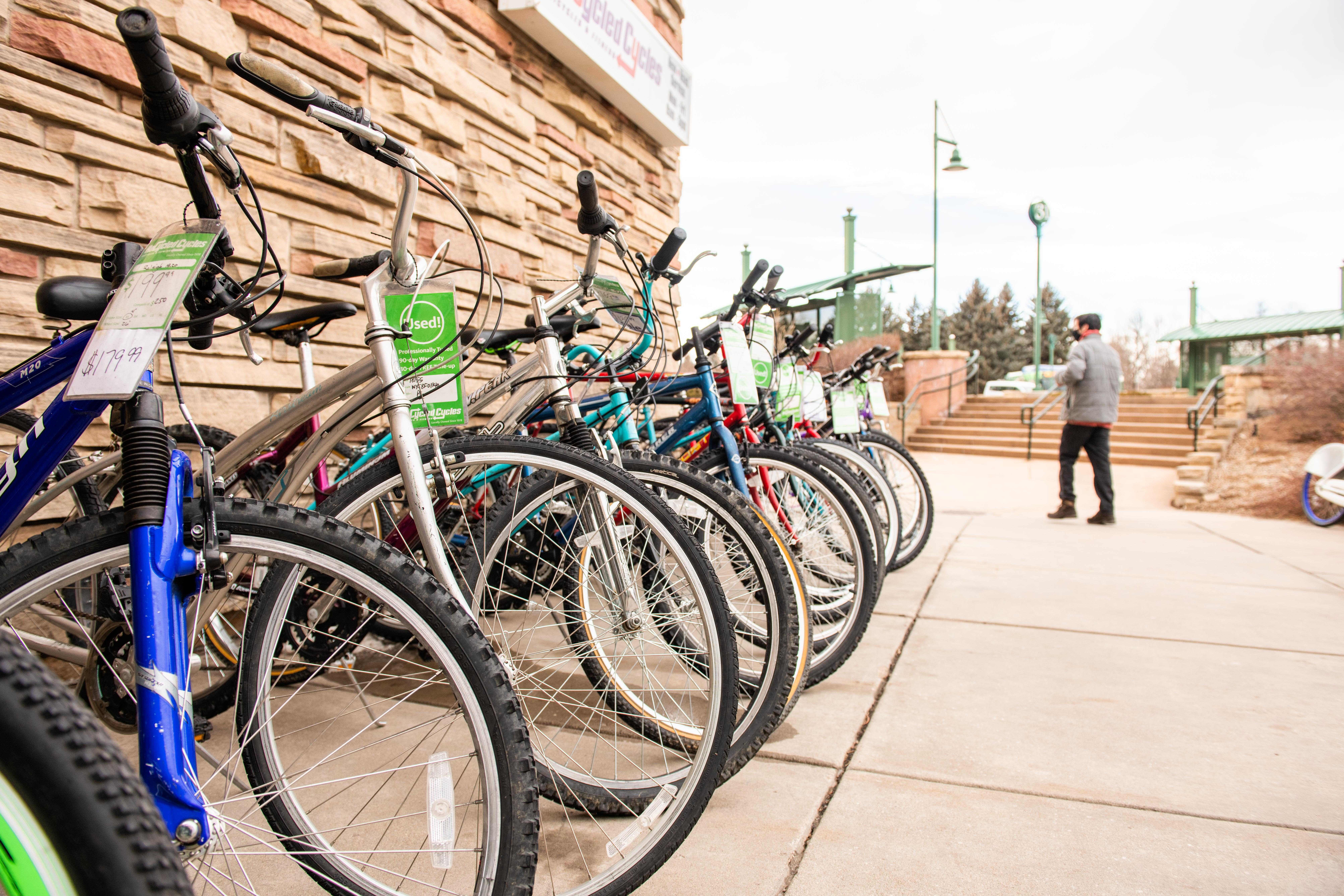 bikes lined up outside Recycled Cycles by Lory Student Center