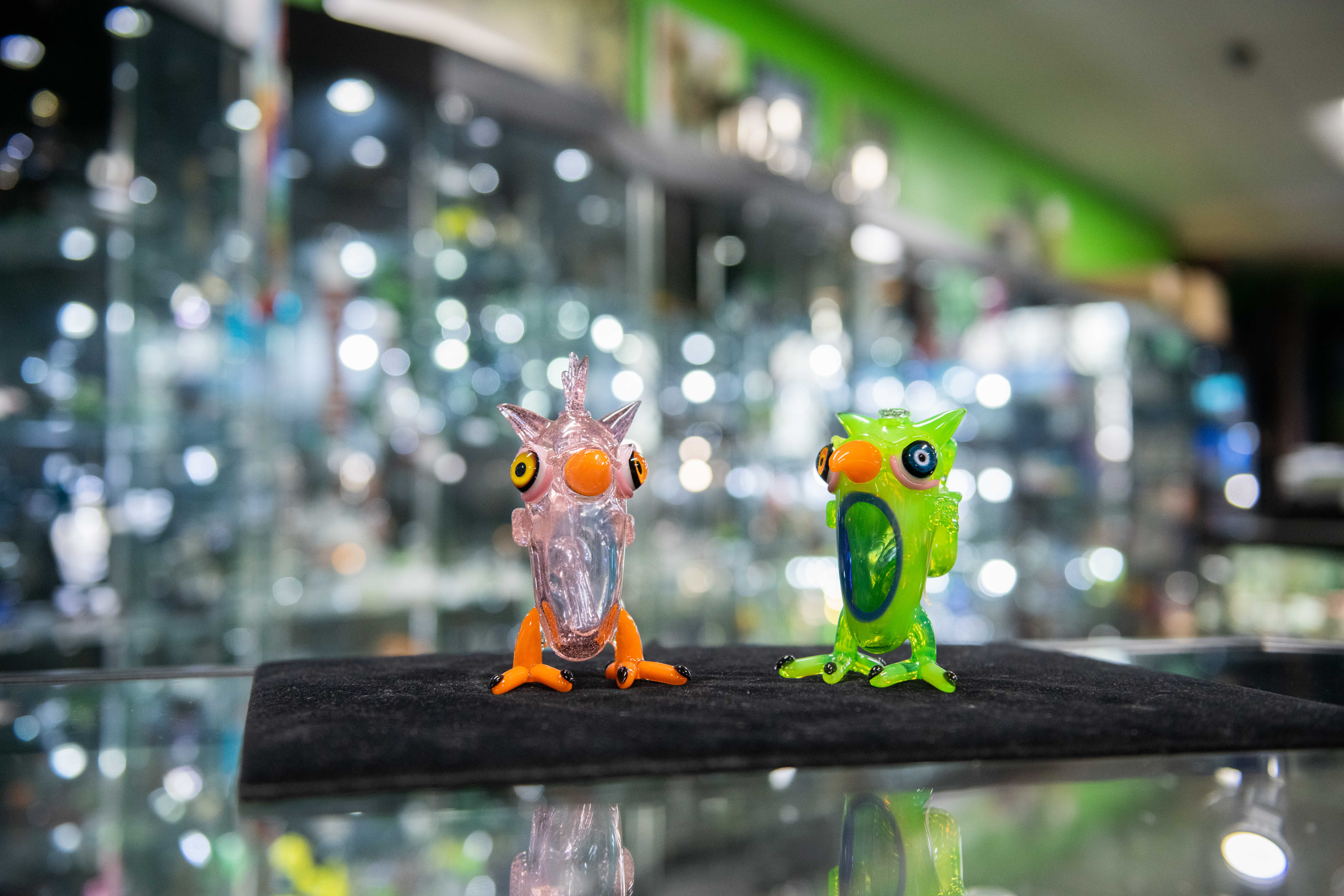 two glass owls from Kind Creations