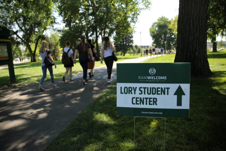 Colorado+State+University+freshmen+walk+past+a+directional+sign+pointing+towards+the+Lory+Student+Center+on+Friday+afternoon+during+their+first+weekend+at+Colorado+State+University+as+students.