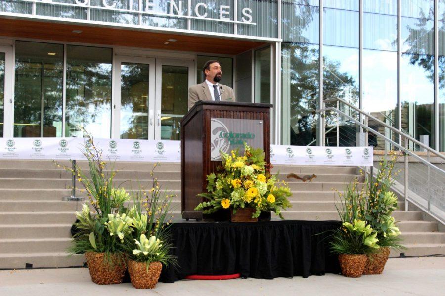 Colorado State University President Tony Frank gives a speech at the newly renovated Animal Sciences Building