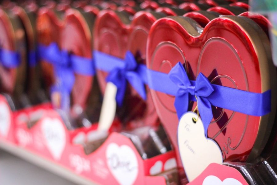 close up of rows of chocolate heart boxes