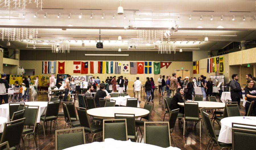 Over 20 cultures and nationalities were featured at this years fair. Their various colorful and unique flags decorated the walls of the Grand Ballroom during the event. Photo credit: Brooke Buchan