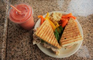 The Chaco sandwich and Strawberry Sunrise Smoothie