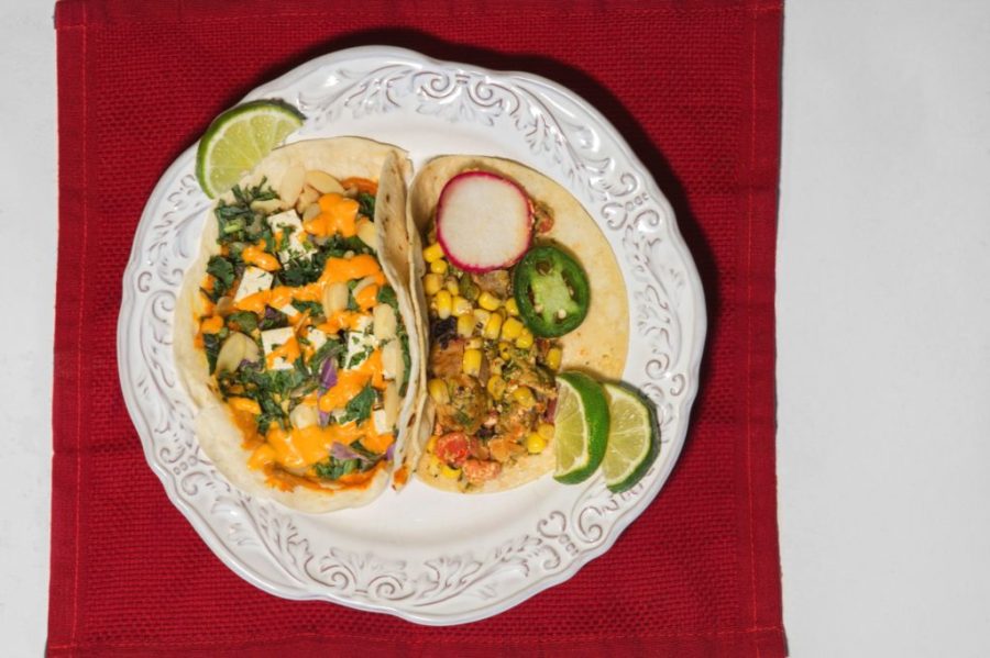 tacos open on a plate from above