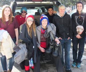 Students Sheridan Kelly, Joey Genovese, Callie Miller, Ben Genovese, Justin Pace, Nick Franson and Thomas Horton take a break from driving in bad traffic in Idaho Springs, Colo. on Jan. 29, 2017.