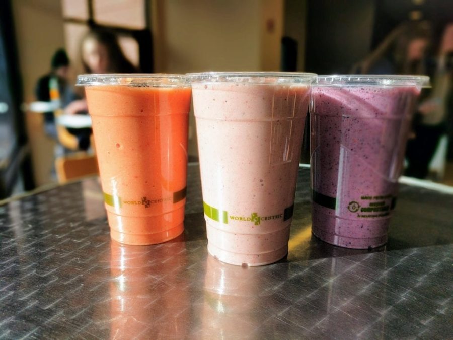 Smoothies in compostable cups.