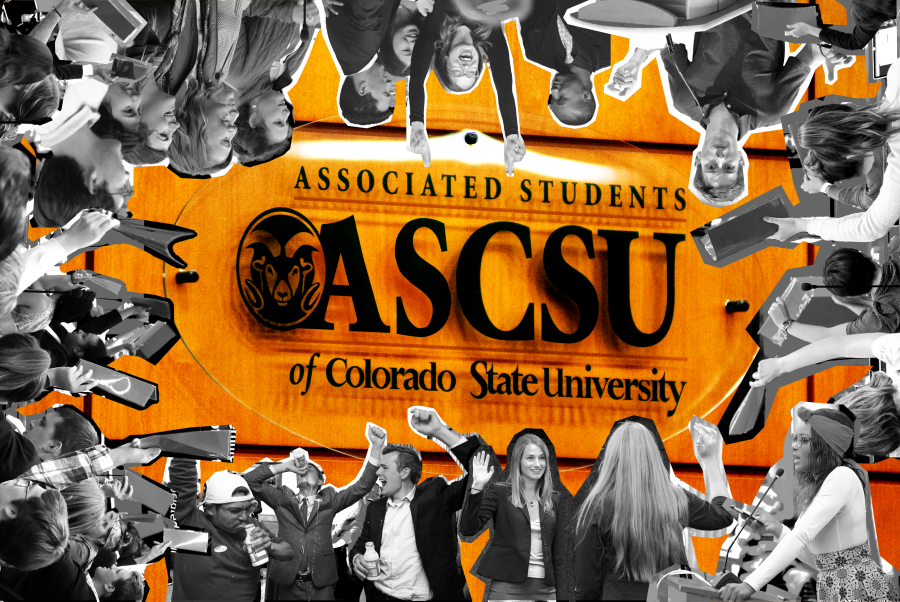 Photo collage of ASCSU members doing various activities laid over the ASCSU Senate sign