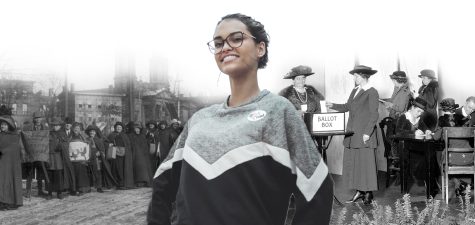 Photo illustration of modern Latina woman with an I Voted sticker imposed in front of historical suffragette photos