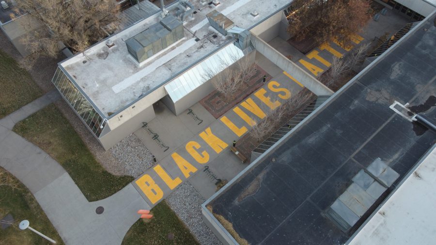 Birds eye photo of the Black Lives Matter mural outside of the art building at CSU