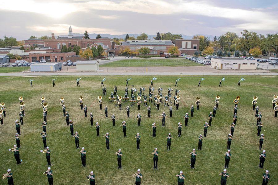Birds eye view of the CSU Marching Band during socially distanced rehearsal