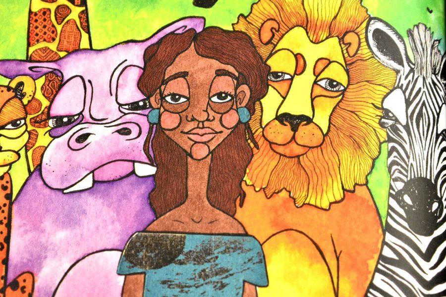 brightly colored illustrations of a brown-skinned girl, pink hippo, orange lion, and zebra
