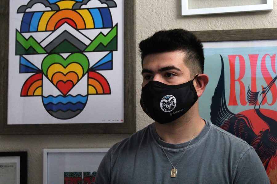 Brayan Montes-Terrazas models the face mask he designed for El Centro. (Photo courtesy of Brayan Montes-Terrazas)