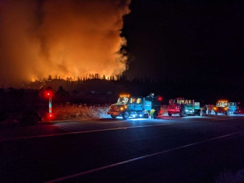 The Bradley fire burns on the side of the road as firetrucks line up to fight it. (Photo courtesy of Christian Hullet)
