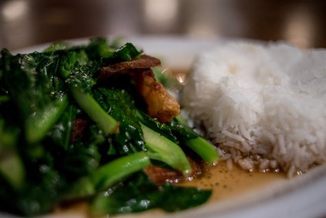 Chinese broccoli with crispy pork at Cafe de Bangkok, Feb. 6. (Pratyoosh Kashyap | College Avenue Magazine)