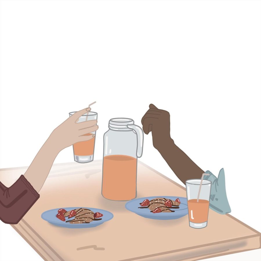 People drinking juice and eating together