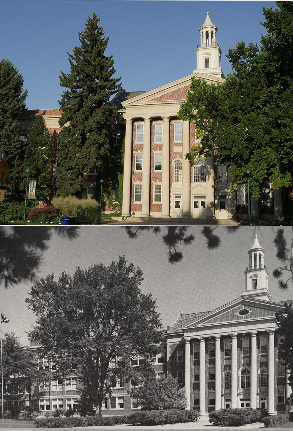 Comparative images of the UCA Building. Top is from 2022, archive image on the bottom.