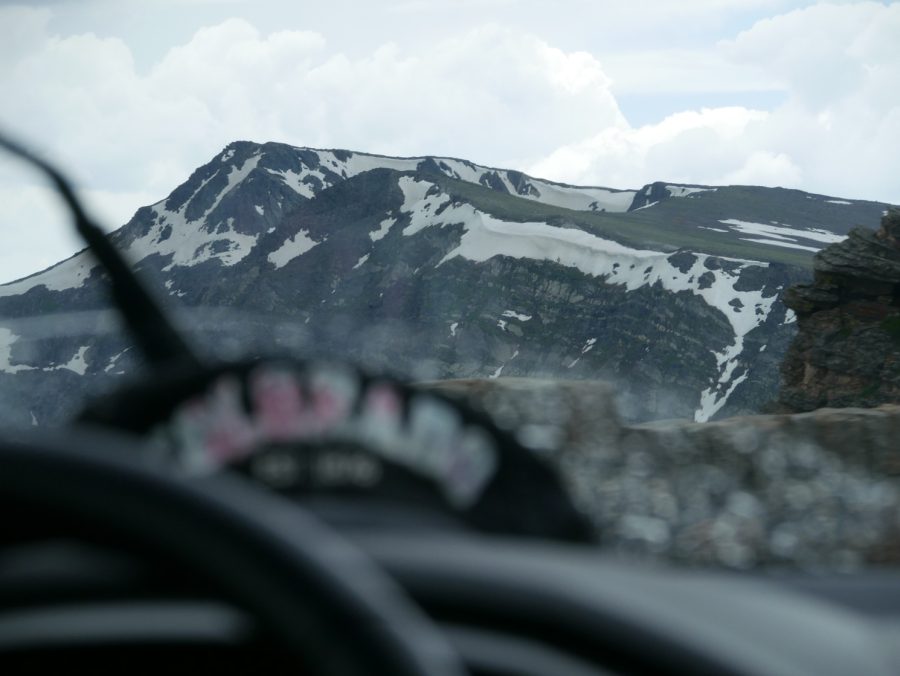 Trail Ridge Peak in the distance while driving.