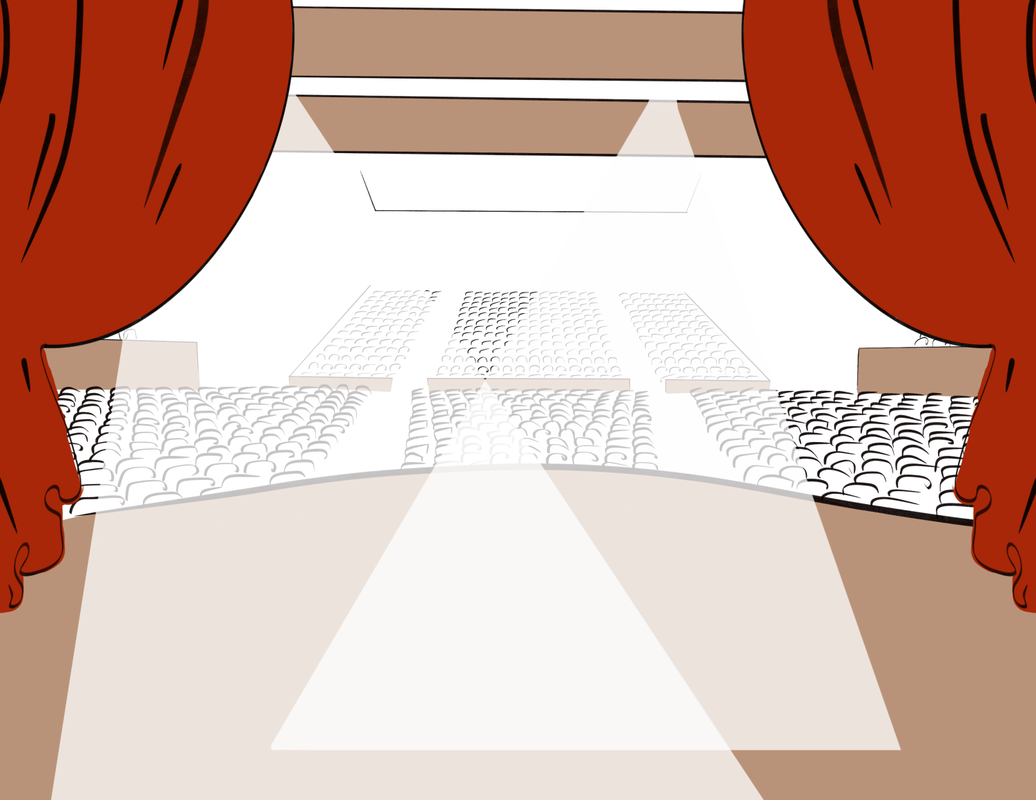 Graphic illustration showing the theater inside The Lincoln Center. The illustration shows the view looking out from red curtains into the audience section. There are two strobe lights shining on the stage.