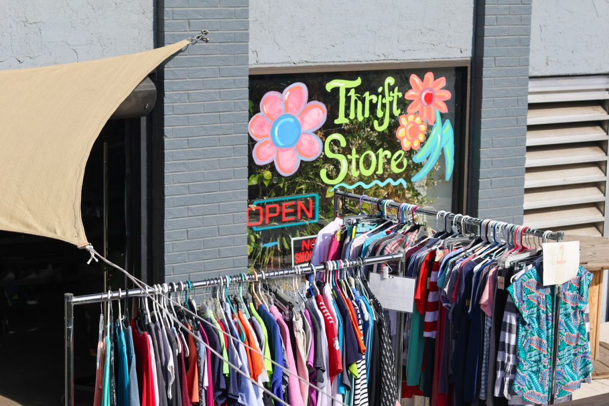 Clothes are hung on racks in front of Funktional’s storefront window labeled thrift store and surrounded by painted flowers., Oct. 23. Funktional is a thrift store that is located on Elizabeth Street.