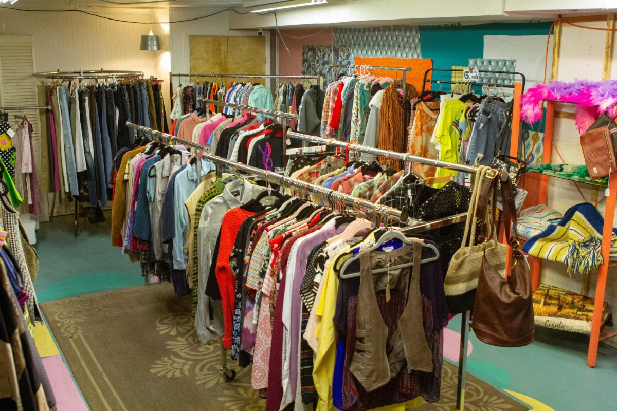 A variety of vintage clothes are on sale downstairs in Dandelions & Rust, a vintage store located in Old Town next to the Museum of Art Fort Collins and Blue Agave Restaurant on Nov. 21, 2023.