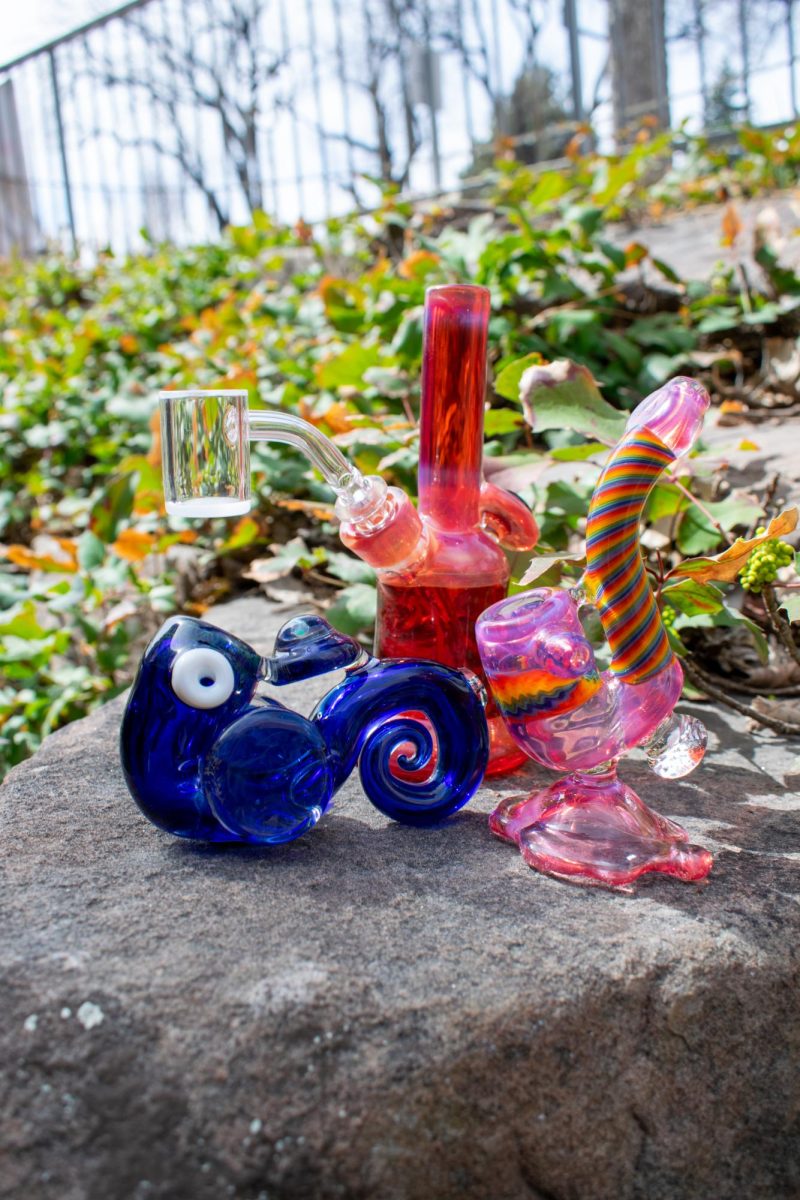 A collection of three dazzling glass blown creations twinkle in the light March 24.