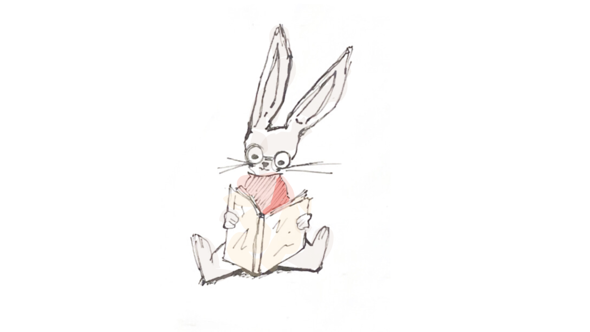 A drawing of a white bunny reading a book.