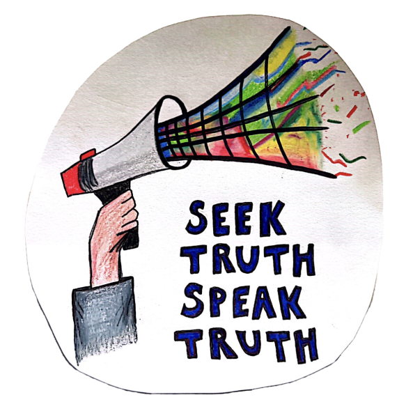 Drawing of political button reading "Seek truth speak truth."