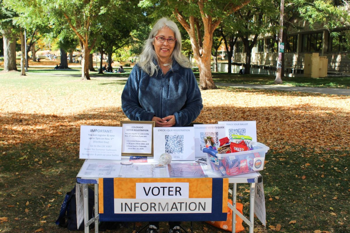 Maria Moya provides students with information Colorado State University  Oct. 23. Moya has been providing assistance with voting at the campus since the start of the fall semester.