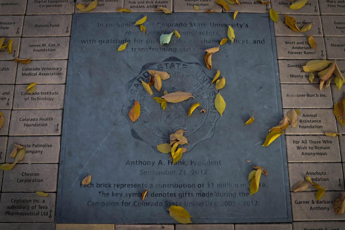 American Elm leaves cover a plaque at The Oval at Colorado State University.