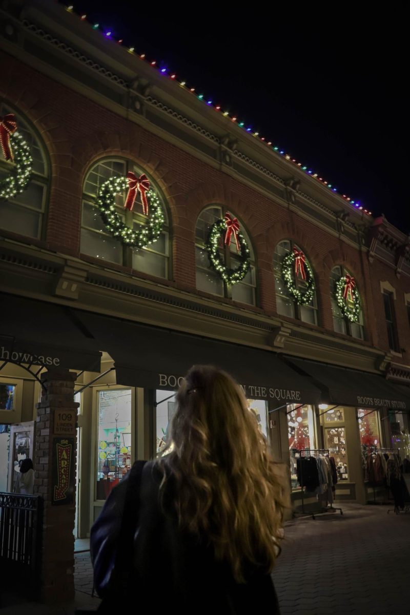 Nina Lewin, a junior at Colorado State University, looks at Christmas decorations in Old Town, Fort Collins Dec. 6, 2024.