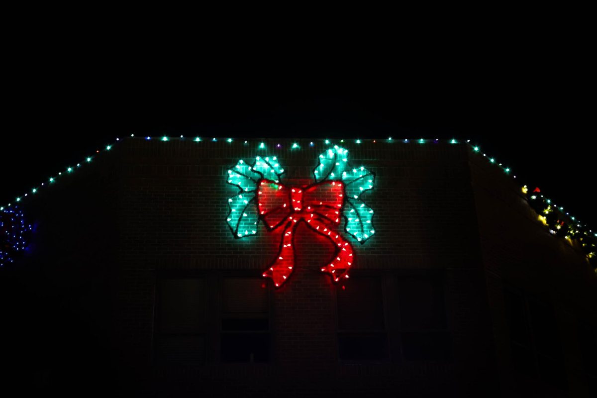 Lights in the shape of a bow on a building in Old Town, Fort Collins Dec. 6, 2024.
