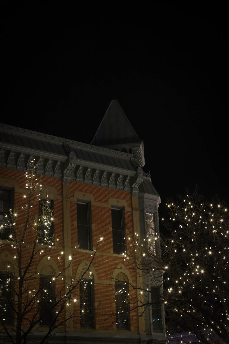 Lights around corner building in Old Town, Fort Collins Dec. 6, 2024.