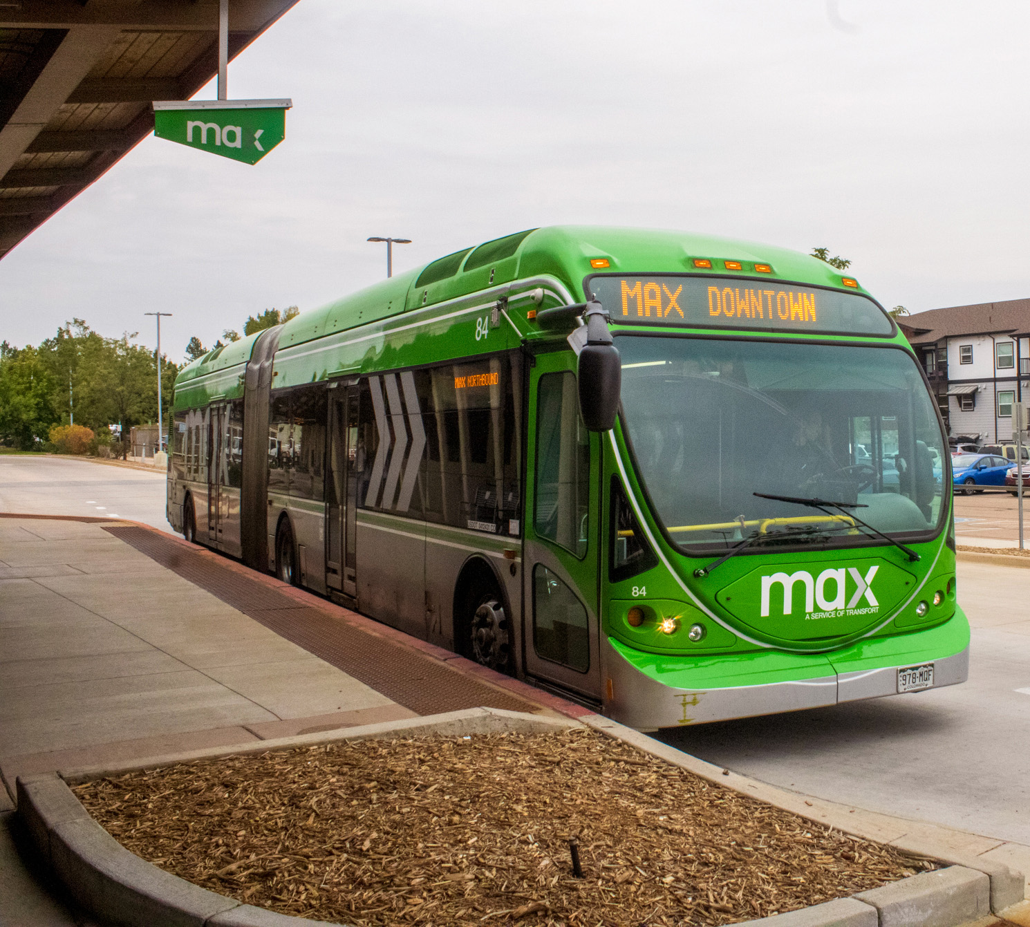 A Max bus waits for passengers at the South Transit Center on Mason Street in Fort Collins, Colo. Sept. 4.