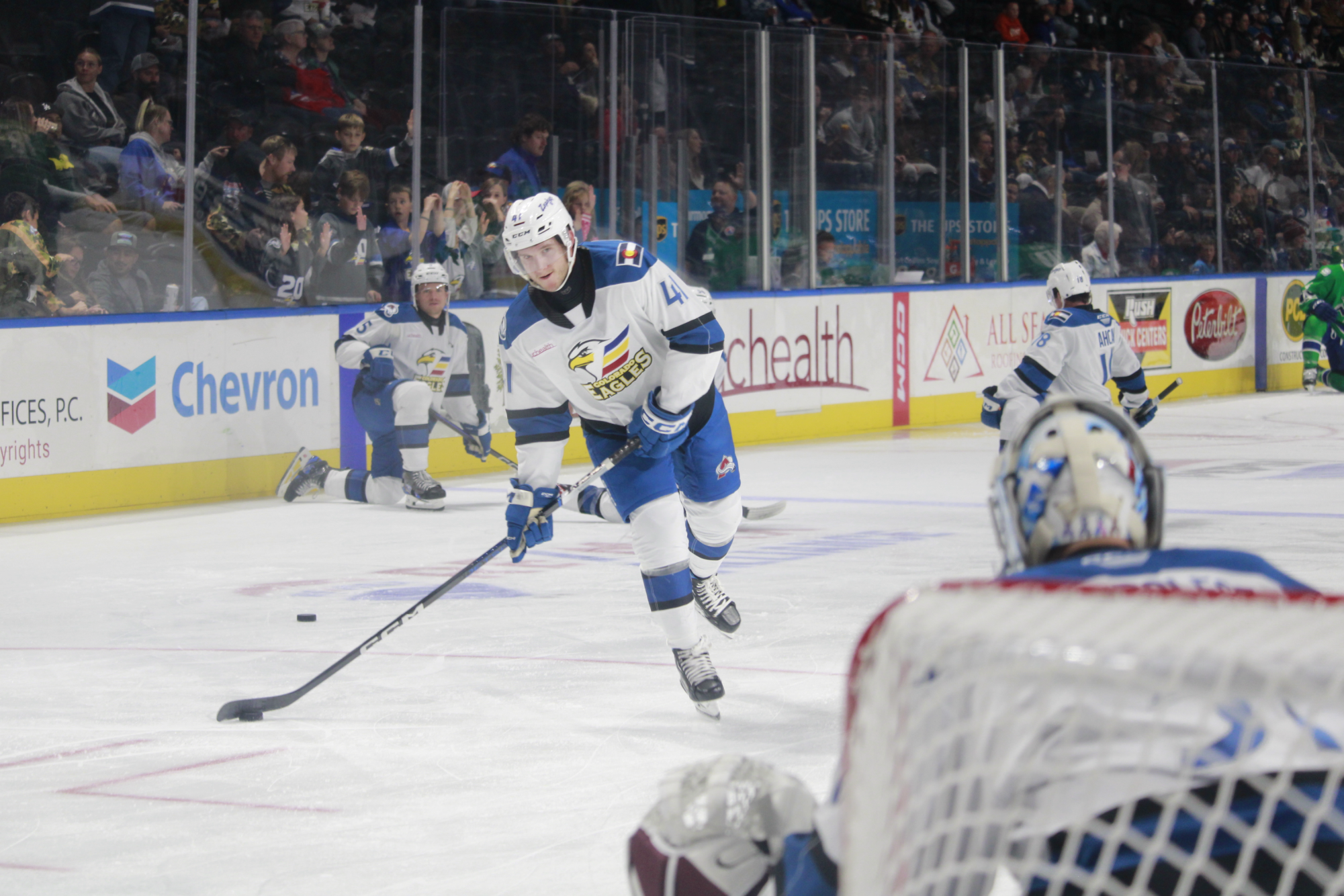 Jason Polin drives the puck towards the goal at a home game at Blue Arena during the 2024-25 season. 