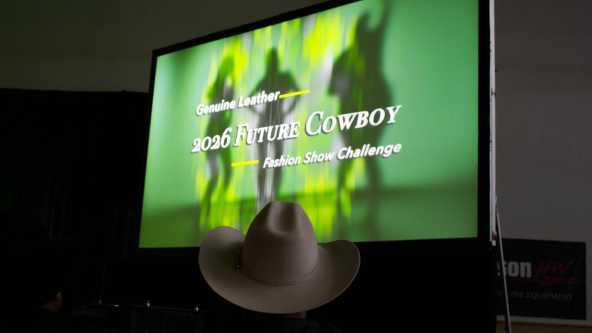 Introduction video playing at the Colorado State University Future Cowboy Fashion Show in Denver, Colo. Jan. 25.
