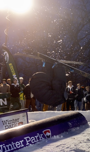 Student flipping down the ramp, at Rail Jam at Colorado State University in Fort Collins, Colo., Nov. 8.