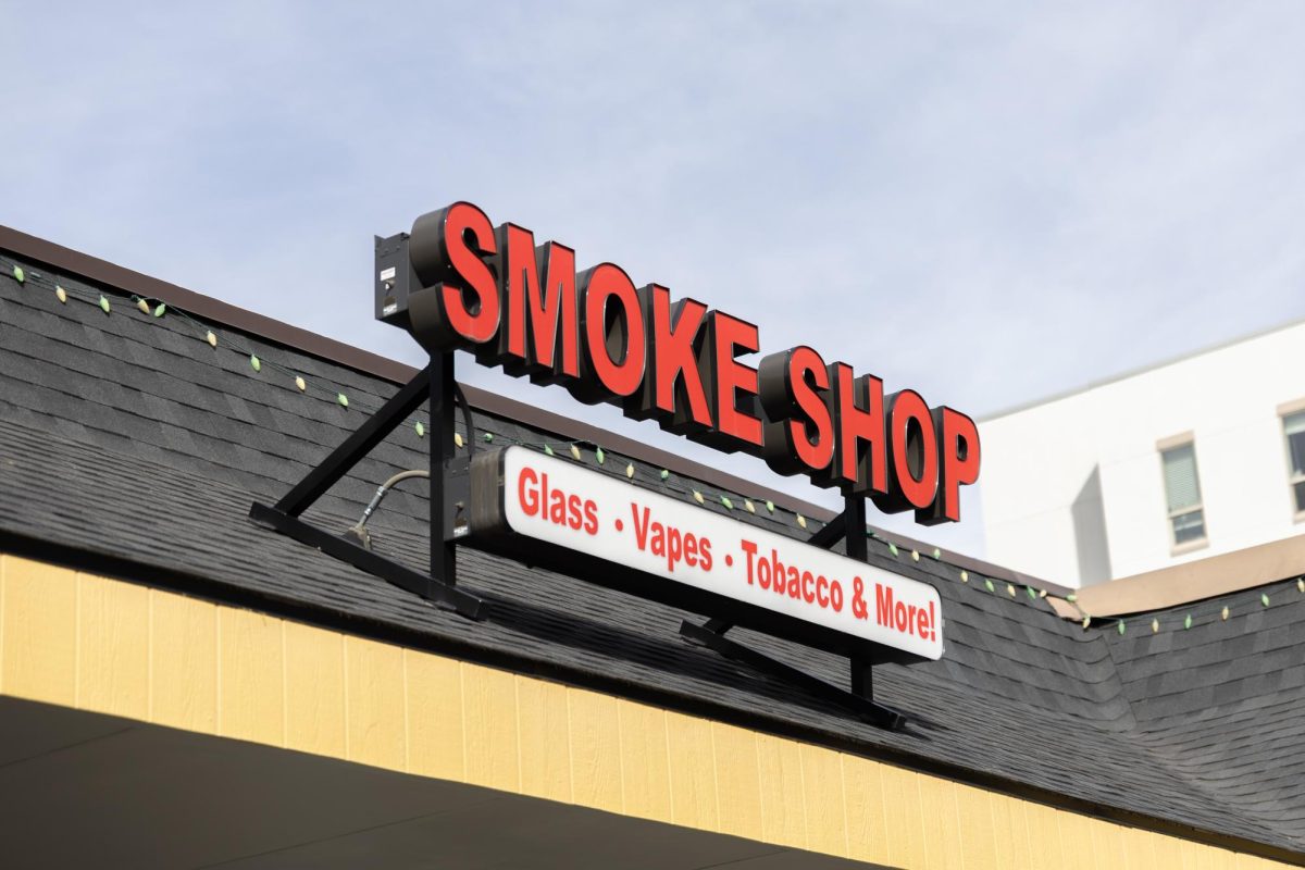 Smoke Shop near the Colorado State University campus offering Nicotine and Tobacco products, Fort Collins, Colo., March 17.