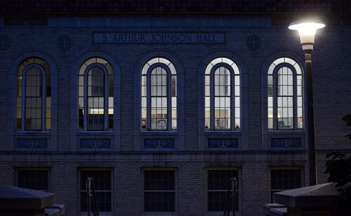 The entrance to the Johnson Hall building at night in Fort Collins, Colo., Oct. 21, 2026.